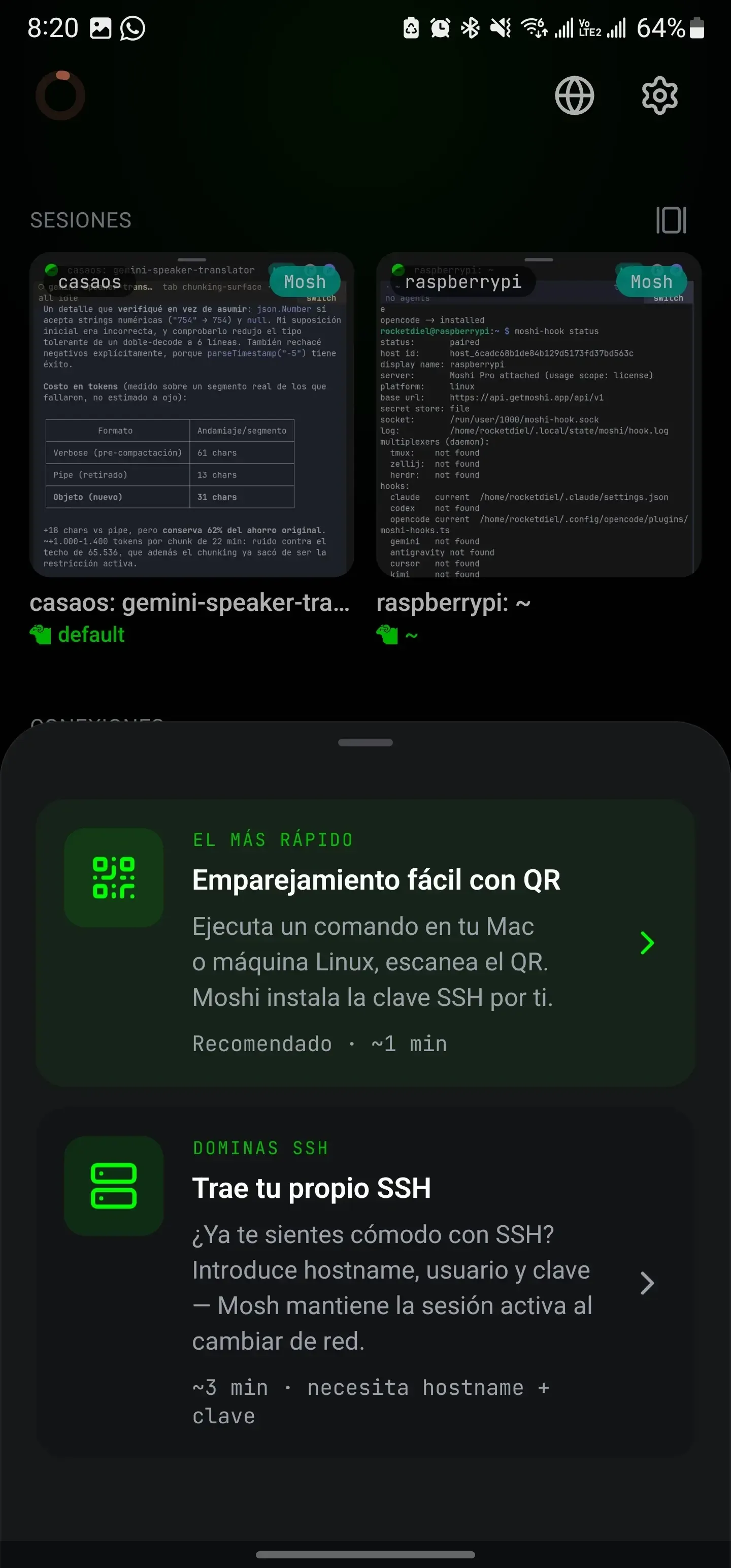Código QR de Easy Pair generado por moshi-hook host setup en la terminal