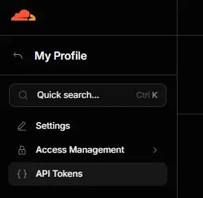 Menú My Profile de Cloudflare con la sección API Tokens seleccionada