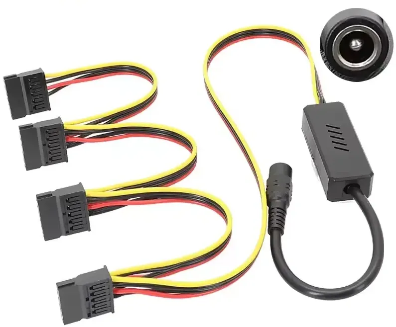 Cable divisor de alimentación: conector DC hembra a 4 conectores SATA de energía