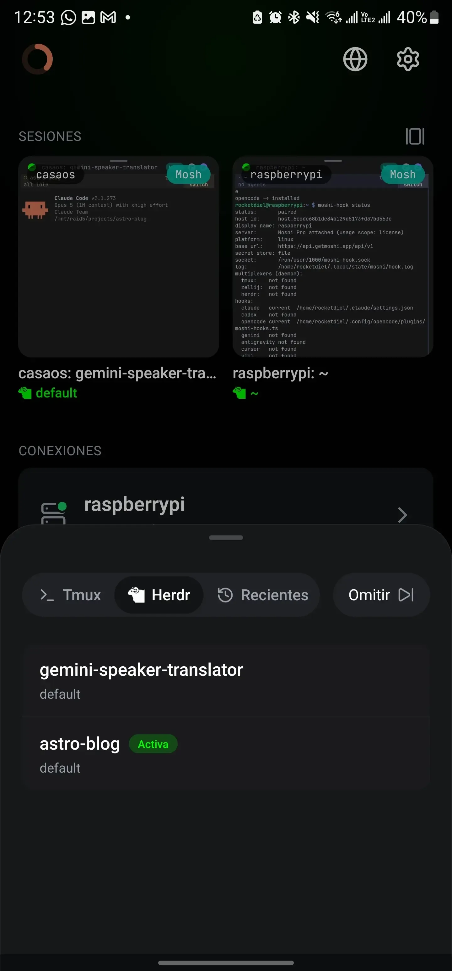 Selector de herdr o tmux al conectarse a un host desde la app de Moshi