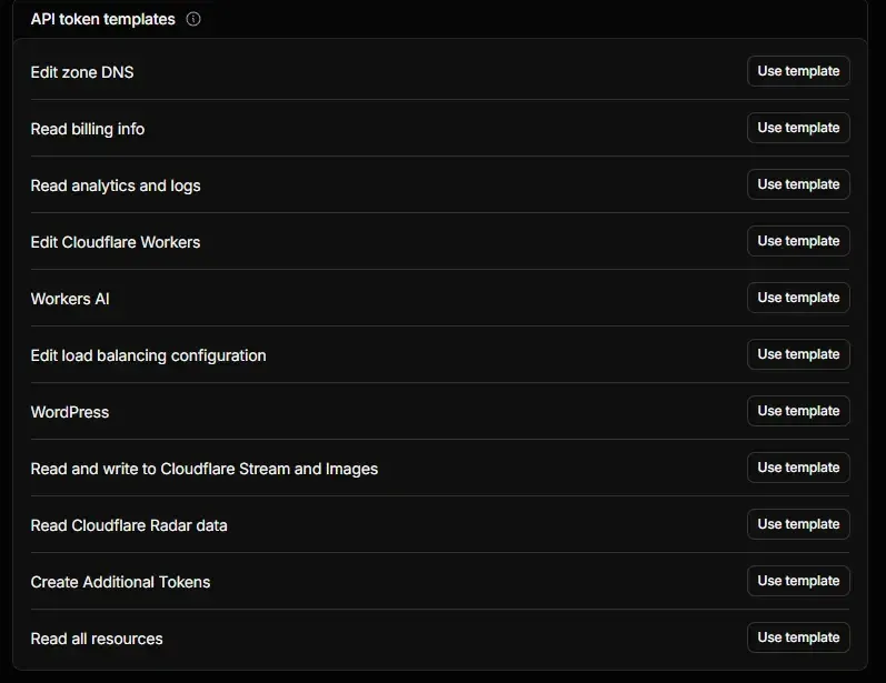 Lista de API token templates de Cloudflare con la plantilla Edit Cloudflare Workers