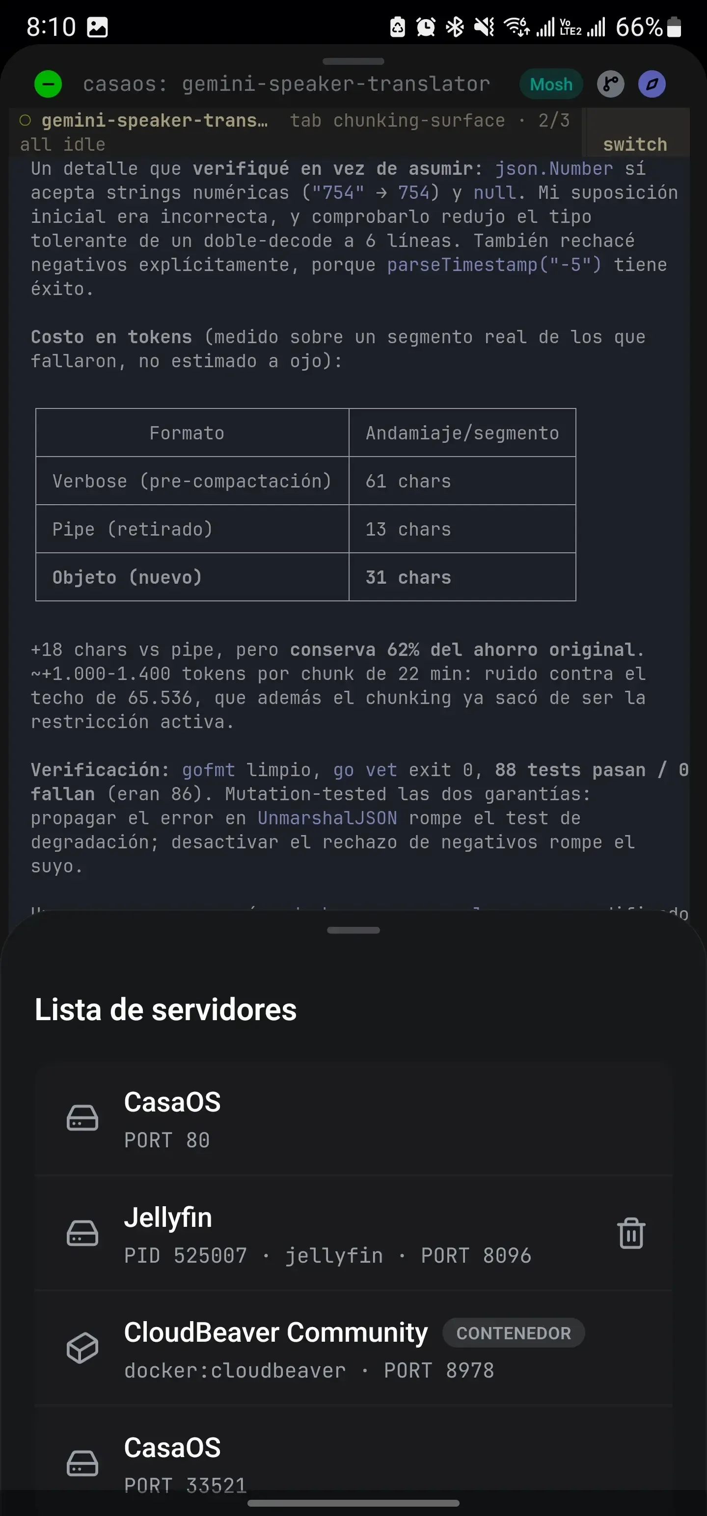 Sesión de Claude Code en Herdr desde Moshi, con los botones de diff y servidores activos