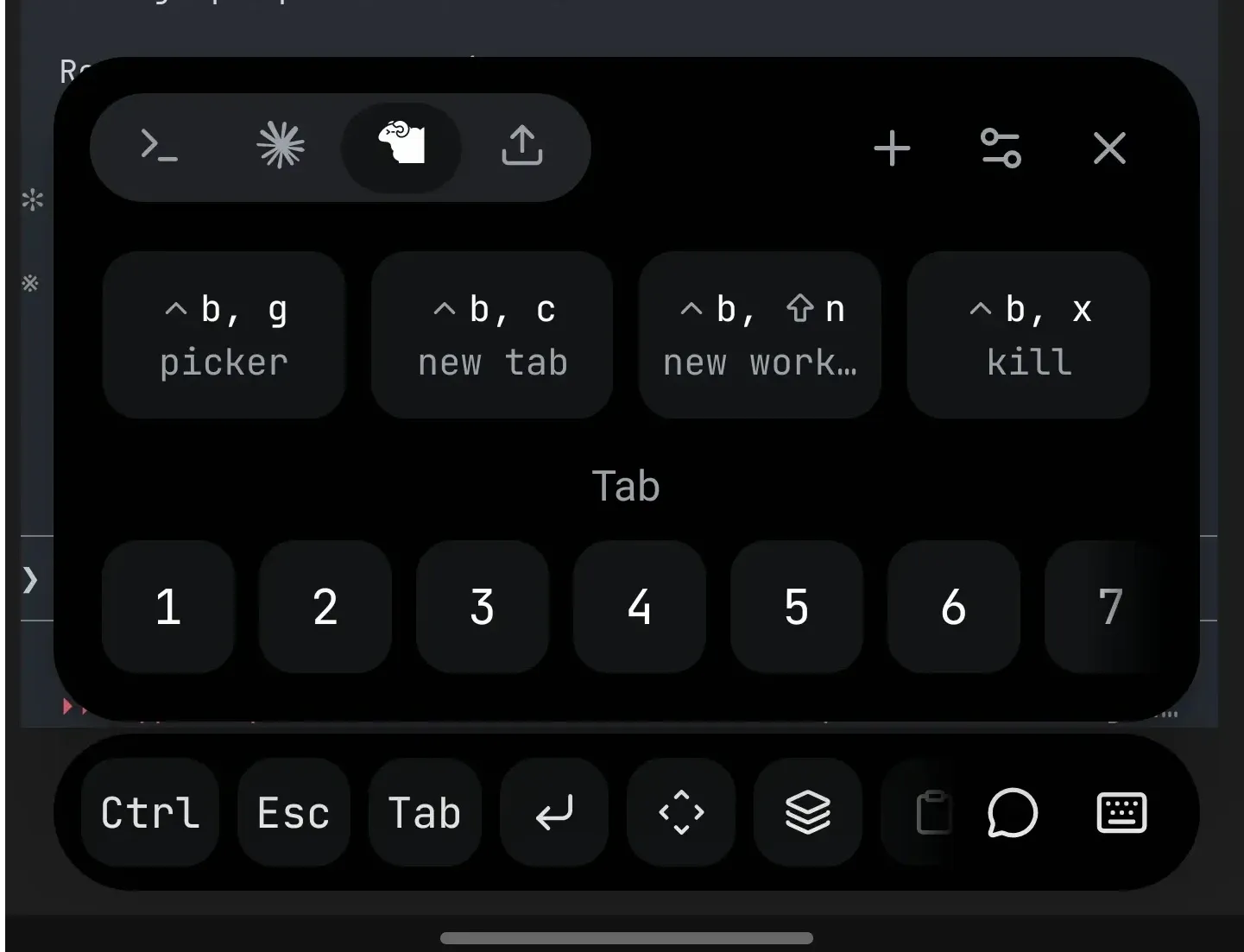 Barra de herramientas de Moshi con Ctrl, Esc, Tab, Enter, joystick y atajos personalizables