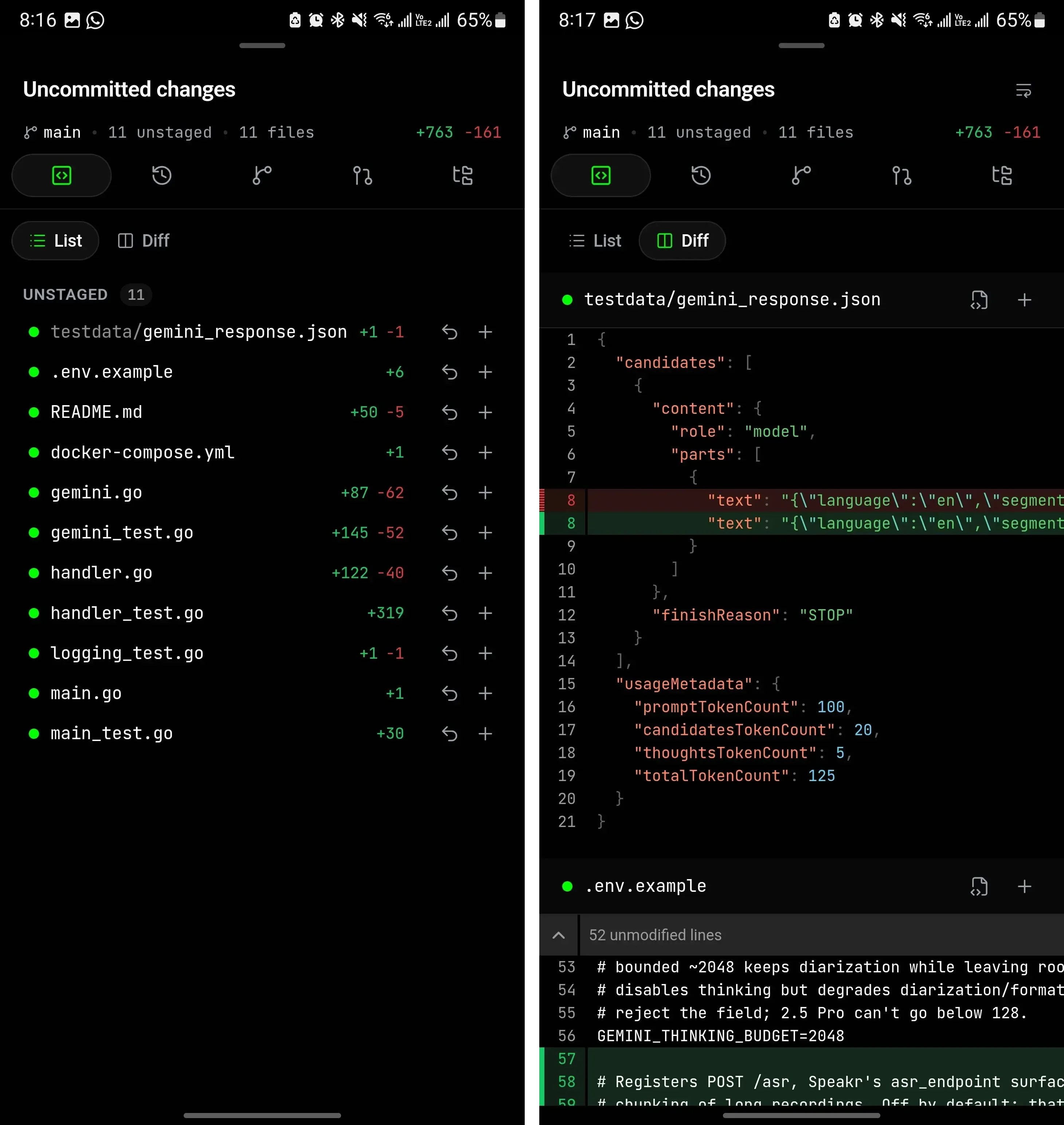 Diff viewer de Moshi con la lista de archivos modificados y opciones para descartar o agregar a staged