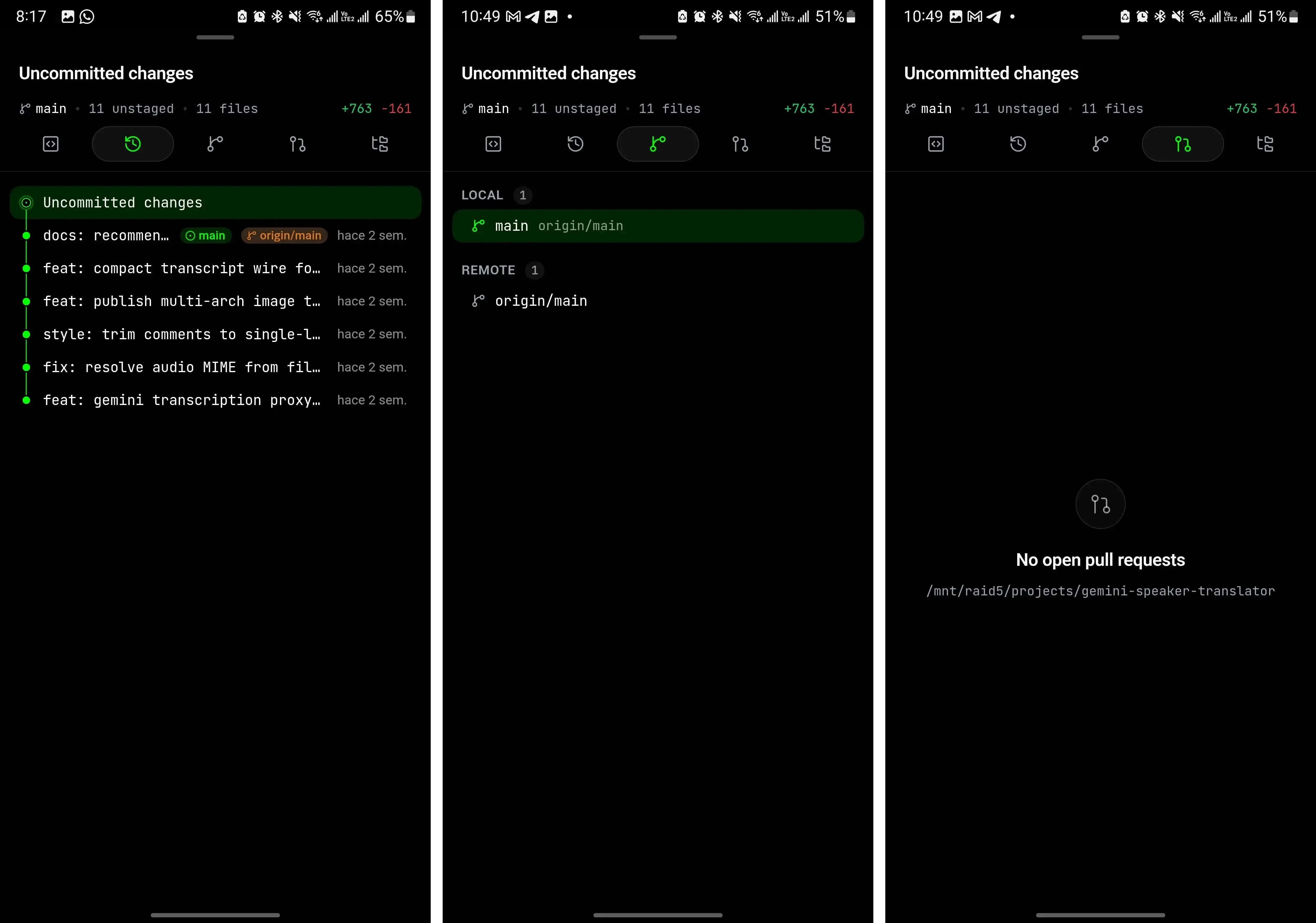 Tabs de Commits, Branches y PRs activas en el diff viewer de Moshi