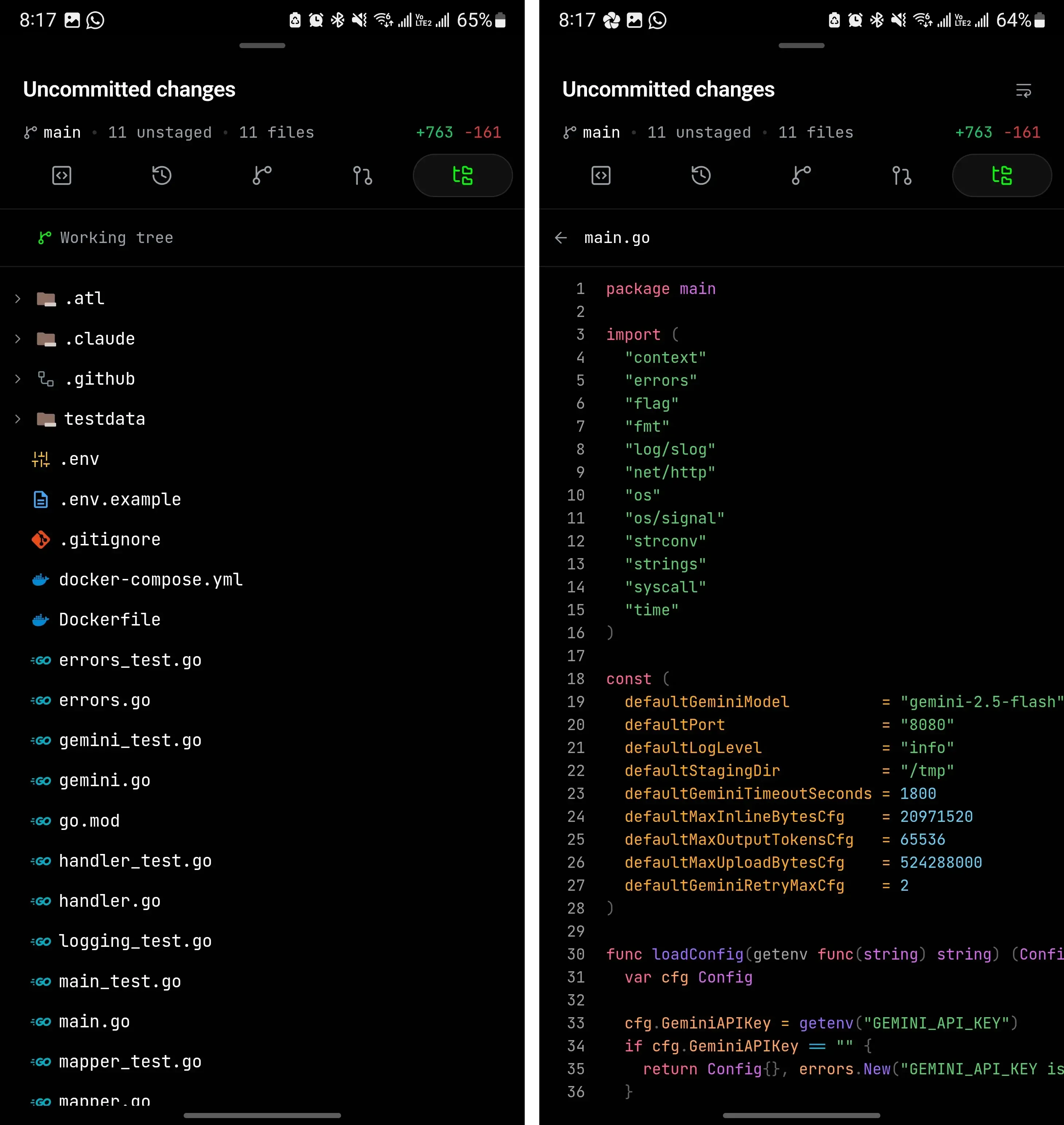 Tab de working tree en Moshi con el árbol de archivos del proyecto