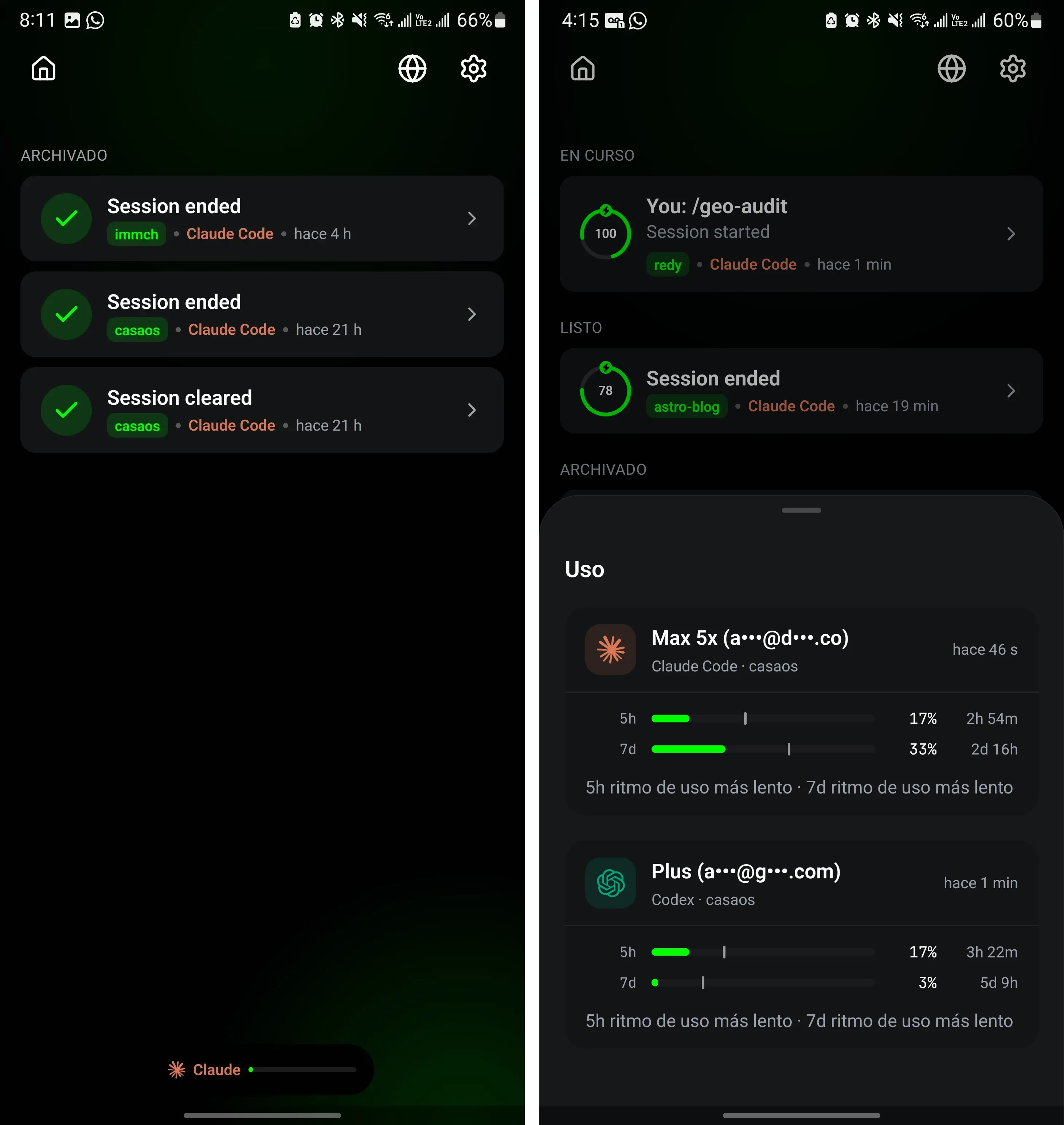 Notificaciones de sesiones en Moshi con el estado del agente y las cuotas de Claude Code y Codex