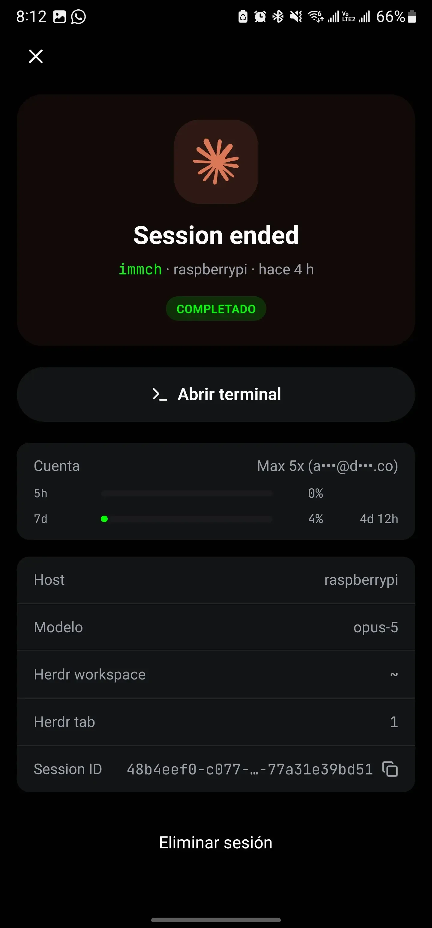 Detalle de una sesión en Moshi con el historial de notificaciones del agente