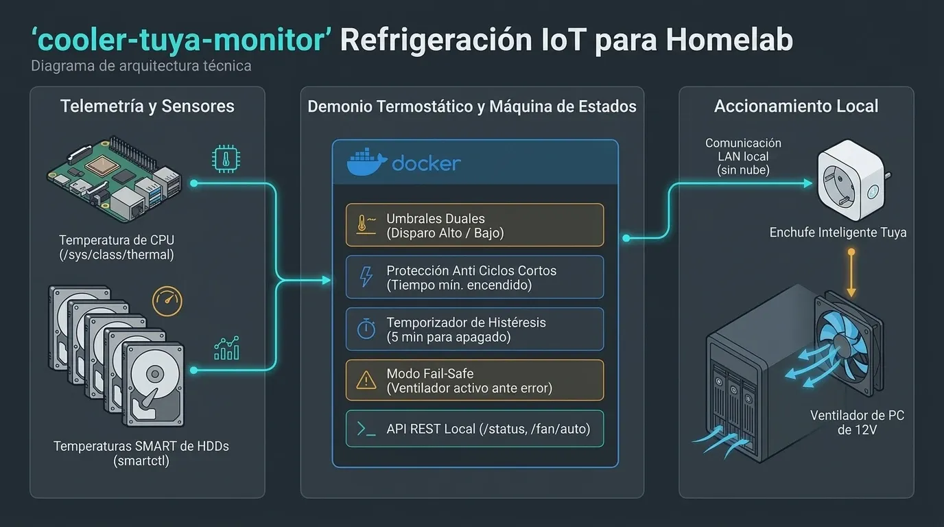 Diagrama de arquitectura de cooler-tuya-monitor: sensores de temperatura, demonio termostático en Docker y enchufe inteligente Tuya que acciona el ventilador